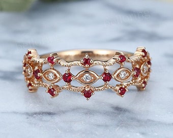 Vintage ruby engagement ring rose gold art deco diamond wedding band antique half eternity celtic ring unique anniversary promise ring