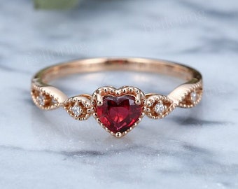 Heart shaped Ruby engagement ring rose gold ring Vintage milgrain diamond wedding ring unique antique art deco anniversary wedding ring