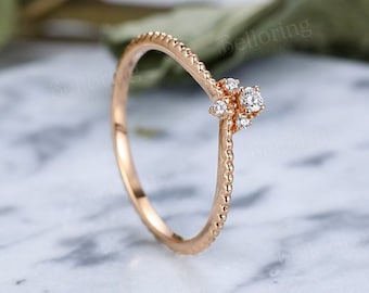 Dainty vintage diamond engagement ring 14k rose gold antique wedding ring delicate beaded band ring promise anniversary wedding ring