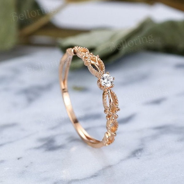 Unique diamond engagement ring rose gold Vintage art deco leaf shaped wedding rings antique beaded band ring promise anniversary ring