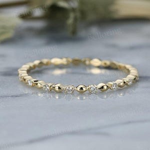 Minimalist Diamond Wedding Band,Art Deco Full Eternity Stacking Band,Yellow Gold Moissanite Matching Band,Antique Anniversary Promise Ring