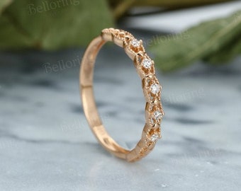 Vintage diamond straight wedding band Rose gold art deco half Eternity band antique stacking matching ring unique anniversary promise rings