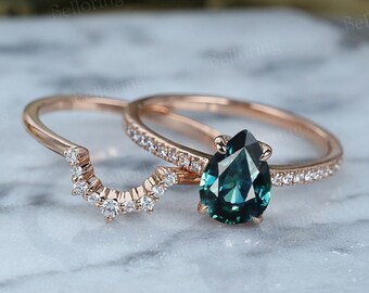 Vintage Teal Sapphire engagement ring set pear shaped unique rose gold rings moissanite curved stacking band art deco anniversary bridal set