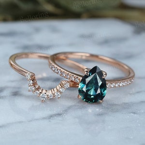 Vintage Teal Sapphire engagement ring set pear shaped unique rose gold rings moissanite curved stacking band art deco anniversary bridal set