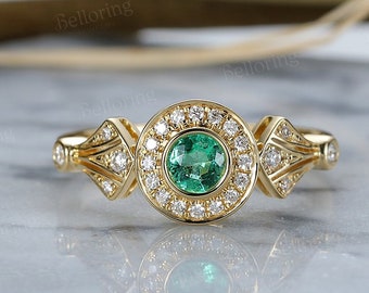 ダイヤモンド エメラルド エンゲージリング ヴィンテージスタイル
