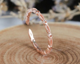 Art deco open straight wedding band vintage rose gold stacking bands antique marquise matching ring unique promise anniversary rings