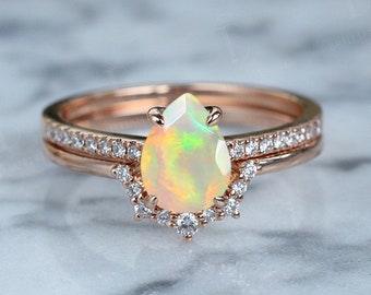 Pear shaped Ethiopian Opal bridal set vintage art deco diamond engagement ring set rose gold half eternity moissanite ring anniversary rings