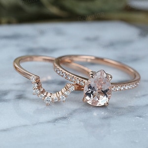 Vintage Morganite engagement ring set art deco moissanite ring set Rose gold half eternity diamond bridal set anniversary  promise ring set