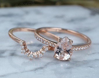 Vintage Morganite engagement ring set - Classic Statement Ring in Rose Gold | Moissanite Pave half eternity ring | Wedding Promise ring set
