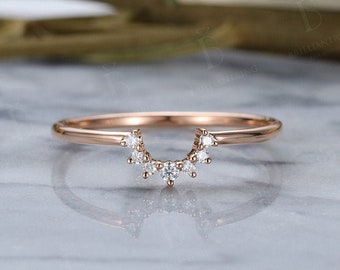 Moissanite Diamond Curved wedding band rose gold chevron ring Vintage Arched ring Antique Stacking Matching band promise anniversary ring