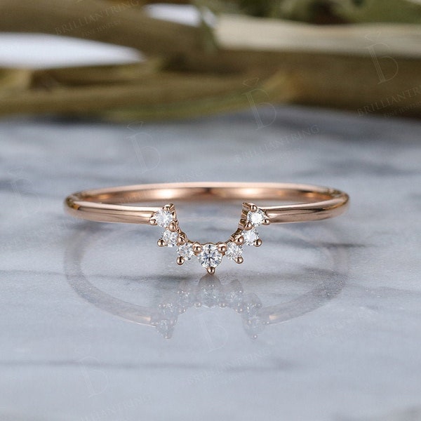 Moissanite Diamond Curved wedding band rose gold chevron ring Vintage Arched ring Antique Stacking Matching band promise anniversary ring
