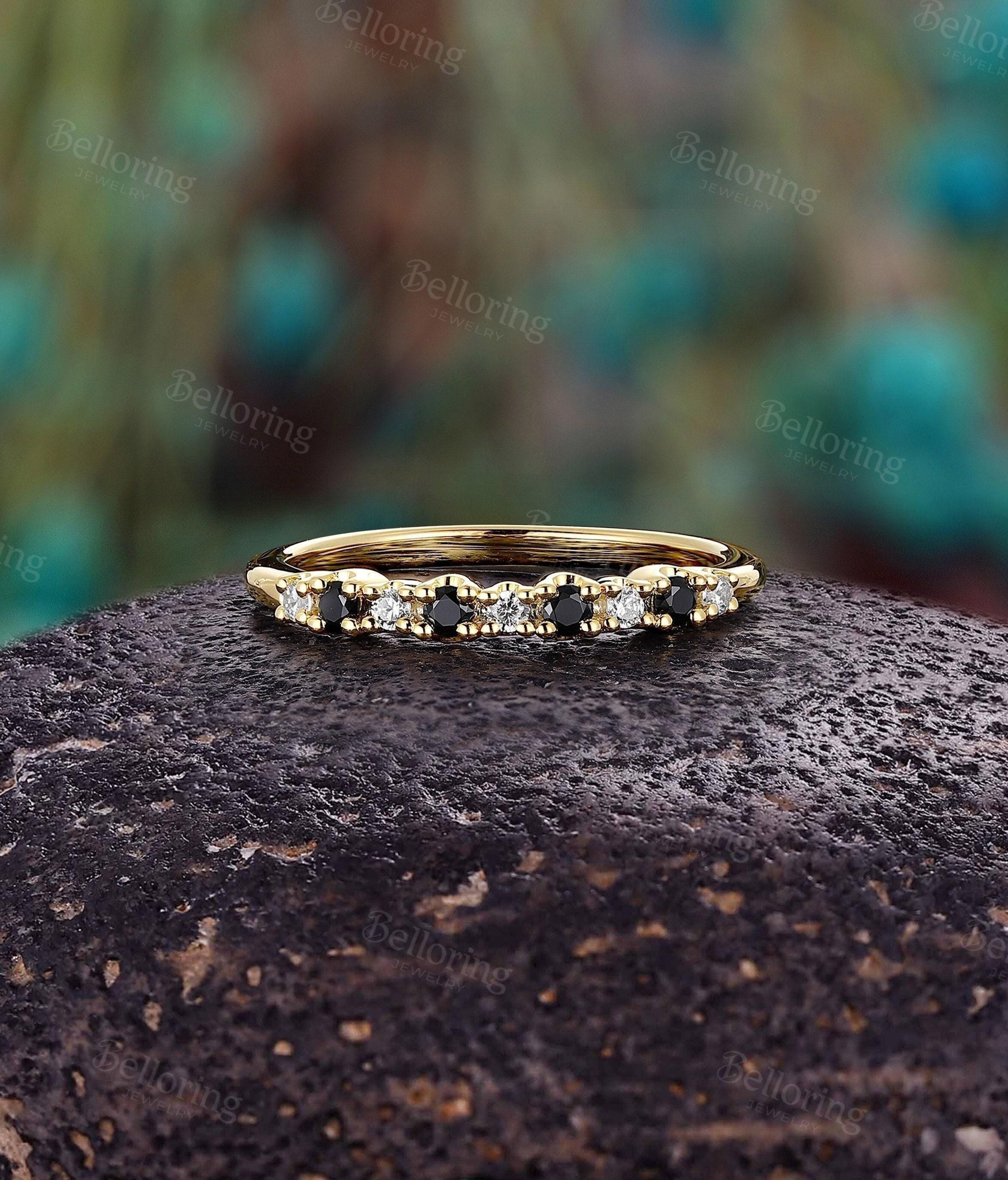 Dainty Round Black Onyx Wedding Band - Natural Diamond Wedding Ring In Gold | Art Deco Matching Ring Promise Ring For Women By Belloring