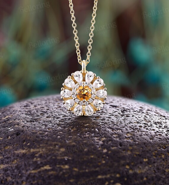 Women's Citrine Diamond Flower Necklace