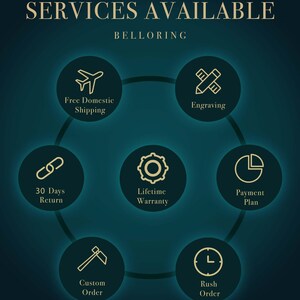 May include: Dark teal graphic with the text "SERVICES AVAILABLE" and "BELLORING". Circular icons illustrate services: engraving, 30-day returns, lifetime warranty, custom orders, rush orders, and payment plans.