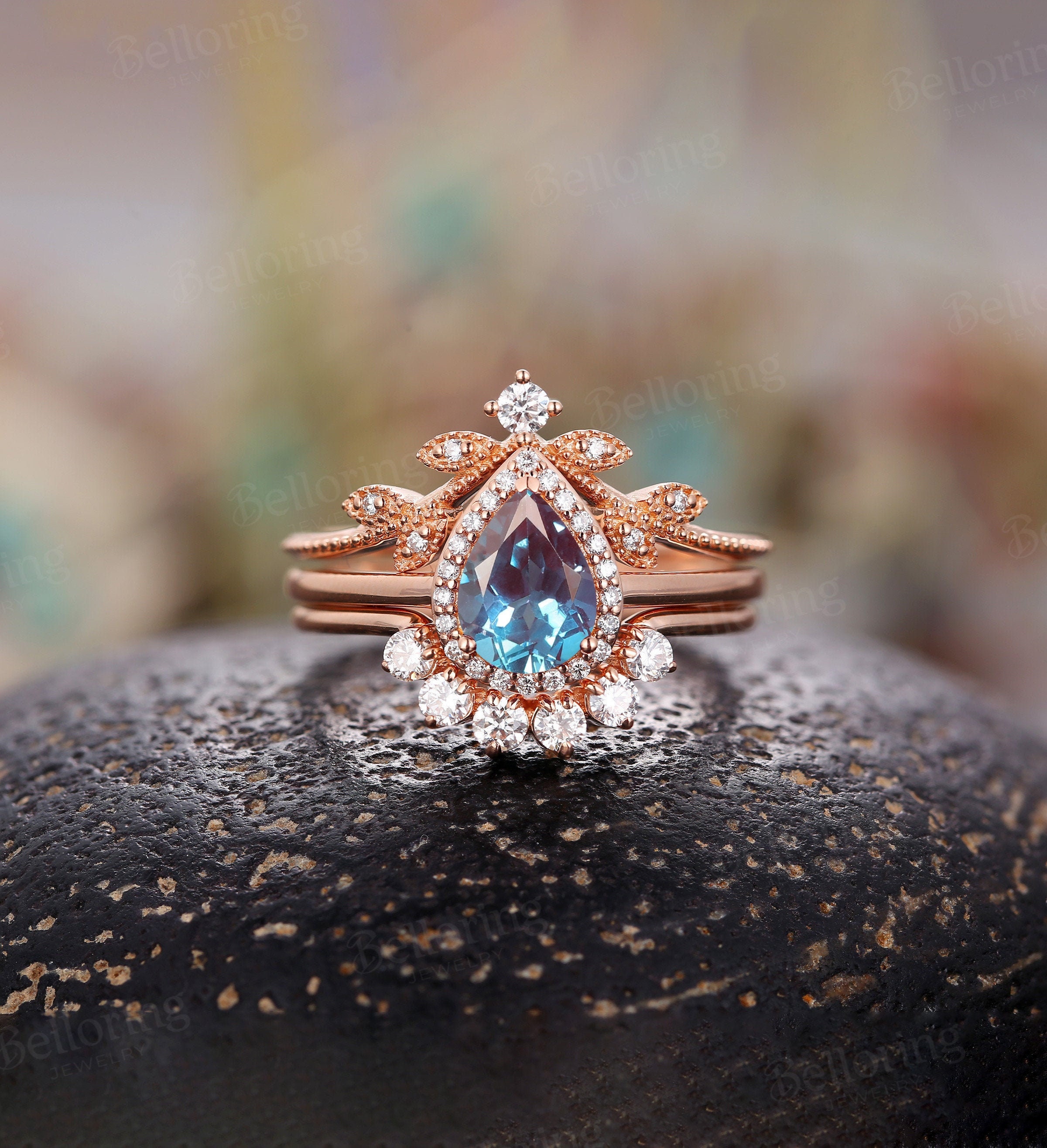 Vintage Alexandrite Engagement Ring Set Pear Shaped Unique