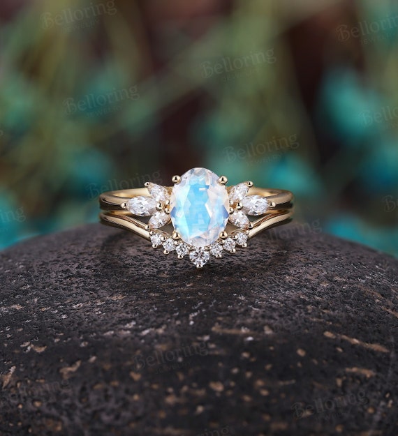 Vintage Oval Moonstone Engagement Ring Set Marquise Moissanite
