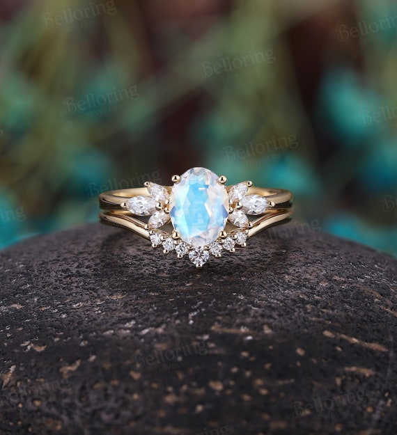 Rainbow Moonstone Engagement Ring Set,Moonstone Engagement Ring Set