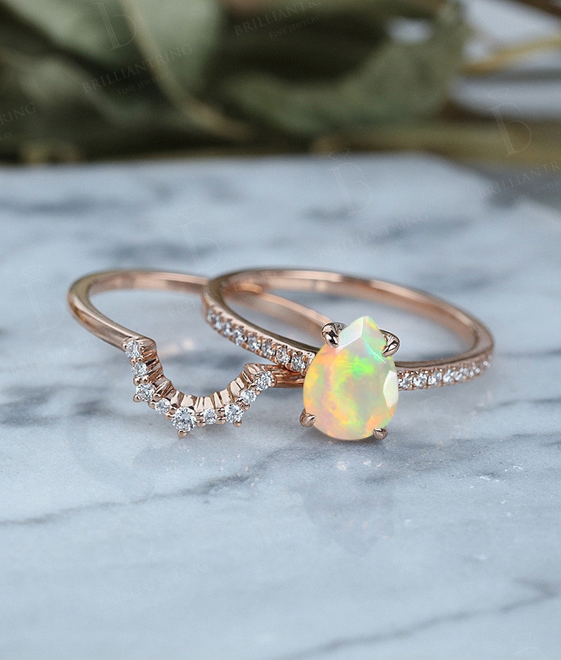 Vintage Morganite engagement ring set art deco moissanite ring set Rose gold half eternity diamond bridal set anniversary promise ring set Faceted Opal