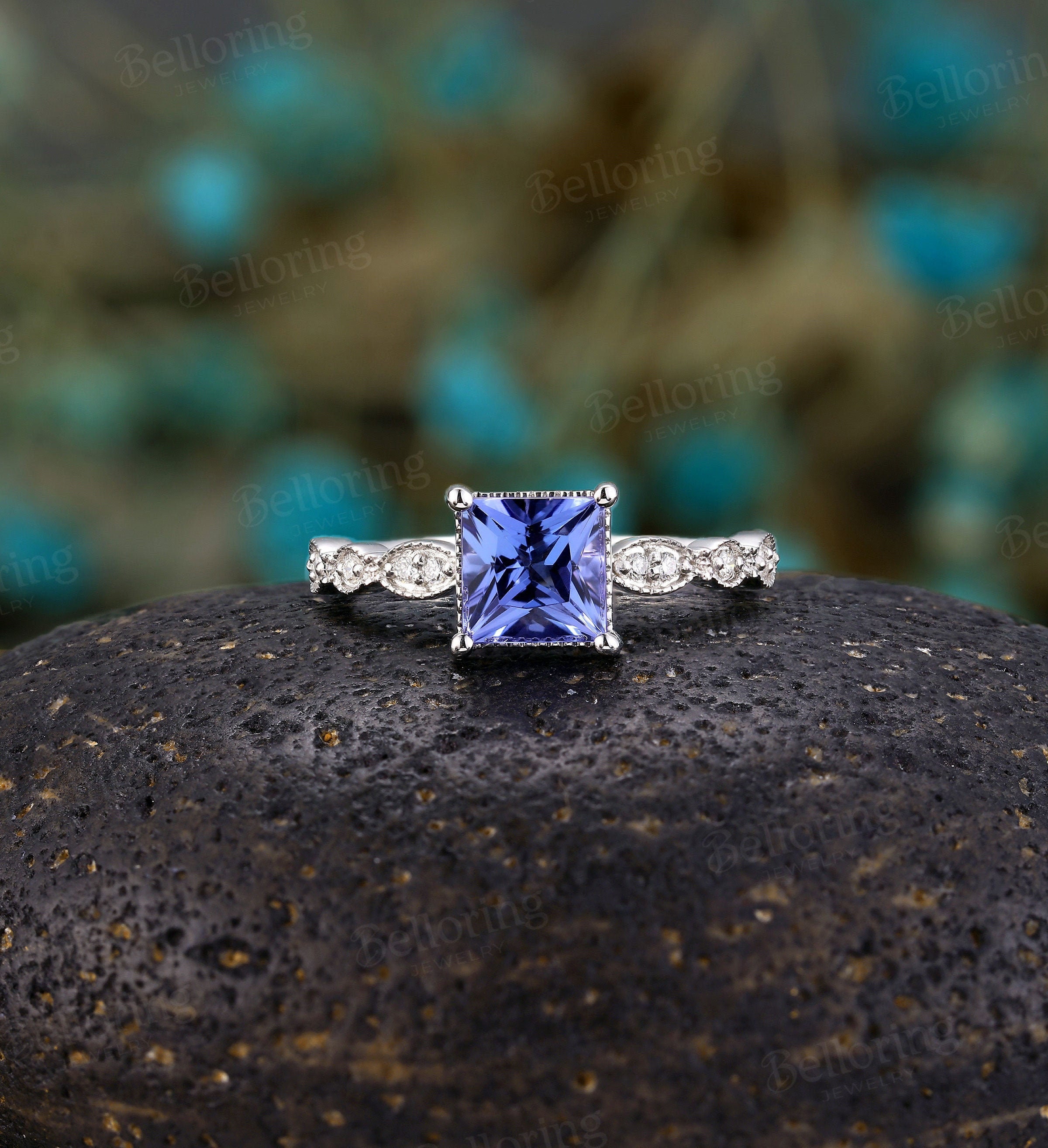 Princess Cut Lab Grown Blue Sapphire Ring with Diamond for Women (6 mm),  925 Sterling Silver, US 4.00 - Walmart.com
