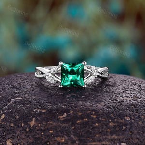 Princess Cut Emerald Twist Engagement Ring - Rose Gold Wedding ring Women | Vintage Promise Ring By Belloring  gift for her