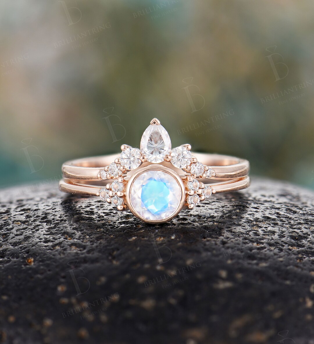 Art Deco Moonstone Engagement Ring Set Rose Gold Vintage Topaz