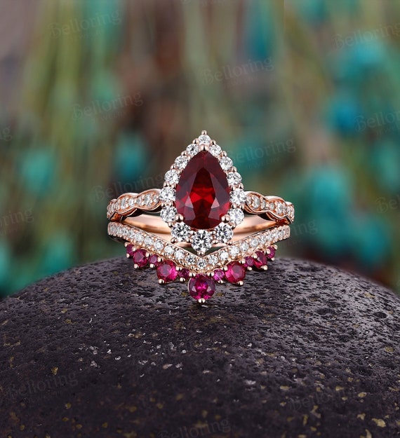 Ruby Engagement Rose Gold Wedding Band For Halo Ring Ruby