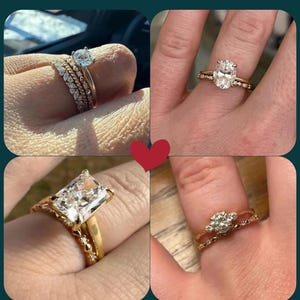 May include: A collage of four images showcasing various rings. The rings feature different designs, including a round diamond, an oval diamond, a rectangular diamond, and a cluster of smaller diamonds. The text reads "Customer's Ring Wearing Display" and "It looks great on its own or with an engagement ring."