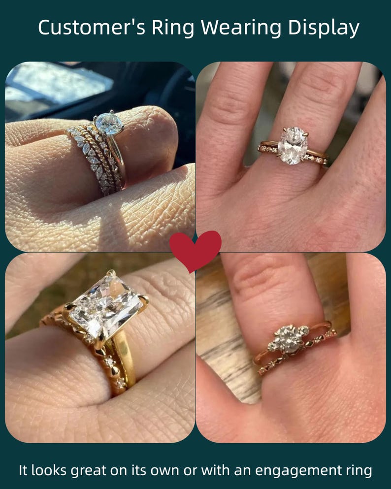 May include: A collage of four images showcasing various rings. The rings feature different designs, including a round diamond, an oval diamond, a rectangular diamond, and a cluster of smaller diamonds. The text reads "Customer's Ring Wearing Display" and "It looks great on its own or with an engagement ring."