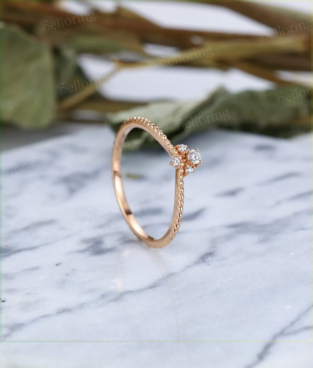 Dainty Vintage Diamond Engagement Ring 14k Rose Gold Antique Wedding Ring Delicate Beaded Band Ring Promise Anniversary Wedding Ring Etsy Canada