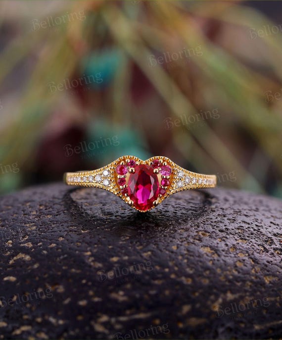 Vintage Ruby Engagement Ring 14k Rose Gold Heart Halo Wedding