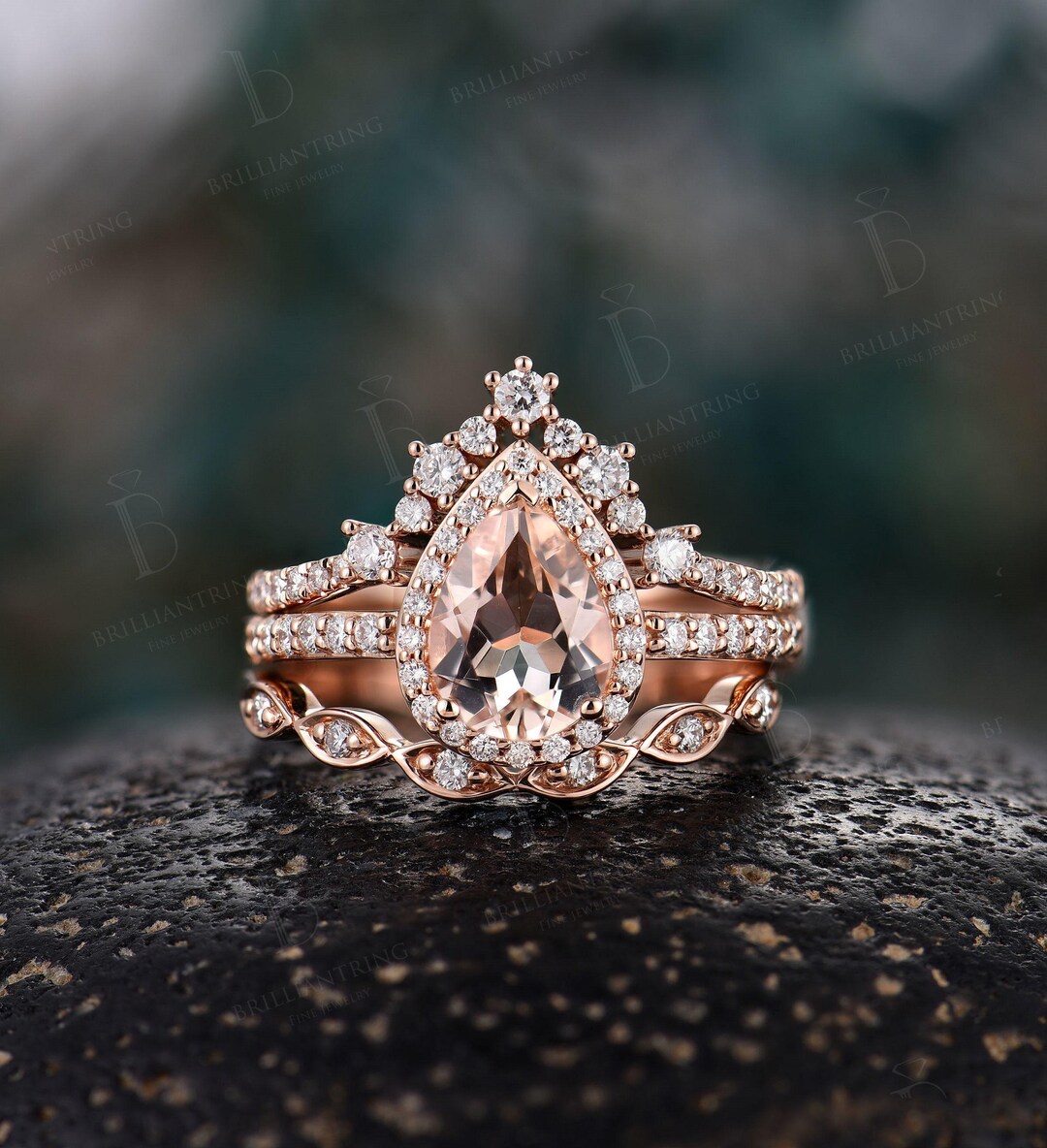 Buy Unique Morganite Engagement Ring Set,art Deco Pear Shape Rose Gold  Ring,vintage Diamond Moissanite Halo Bridal Set,stacking Promise Ring  Online in