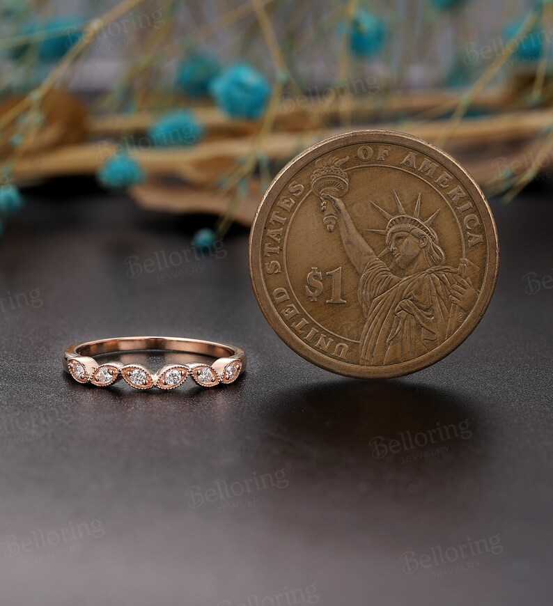 Vintage Diamond Wedding Band Art Deco Rose Gold Leaf Stacking Etsy