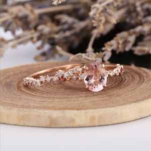 Pink Morganite engagement ring set rose gold oval vintage art deco diamond wedding rings half eternity antique anniversary bridal set