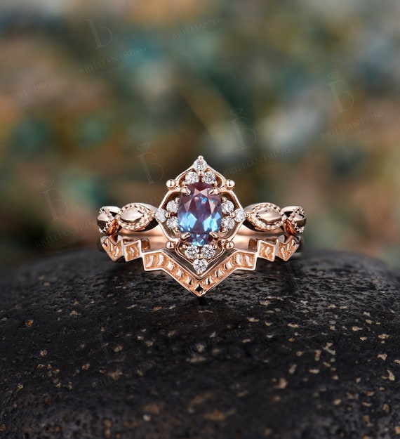 Alexandrite Engagement Ring Set Vintage Rose Gold Oval Halo | Etsy