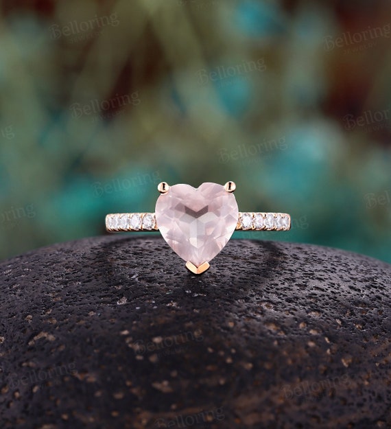 Vintage Heart Shape Rose Quartz Engagement Ring,14K Rose Gold Ring,Unique  Round Moissanite Diamond Ring,Anniversary Promise Ring For Women