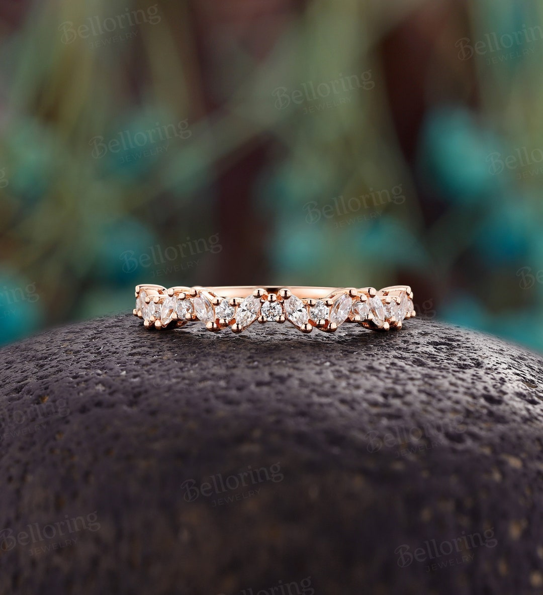 Art Deco Marquise Moissanite Wedding Band Rose Gold Stacking Wedding ...