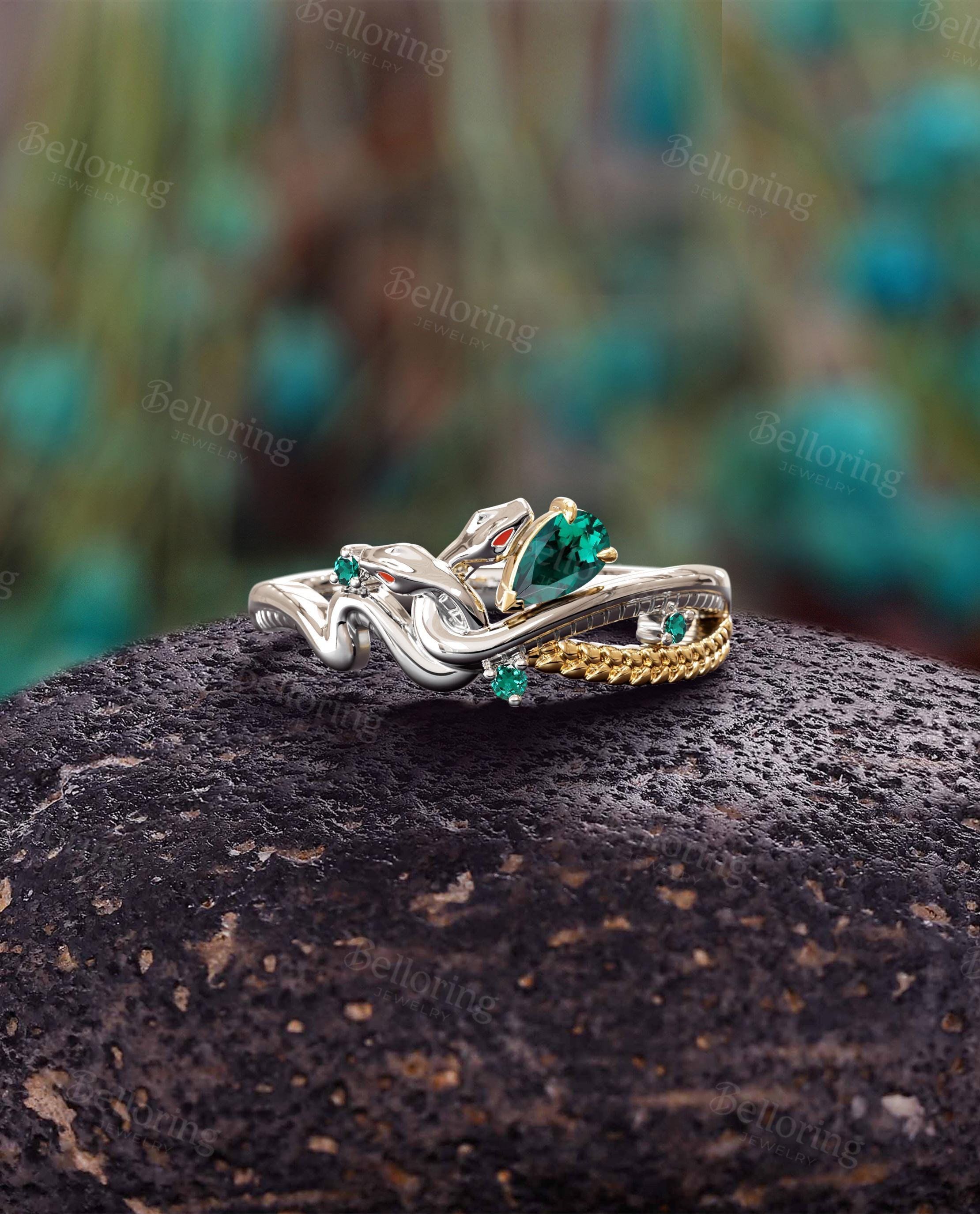 Unique Two Tones Snake Engagement Ring - Emerald Ring in gold | Vintage Snake Ring | Promise Ring Wedding Ring By Belloring  gift for her