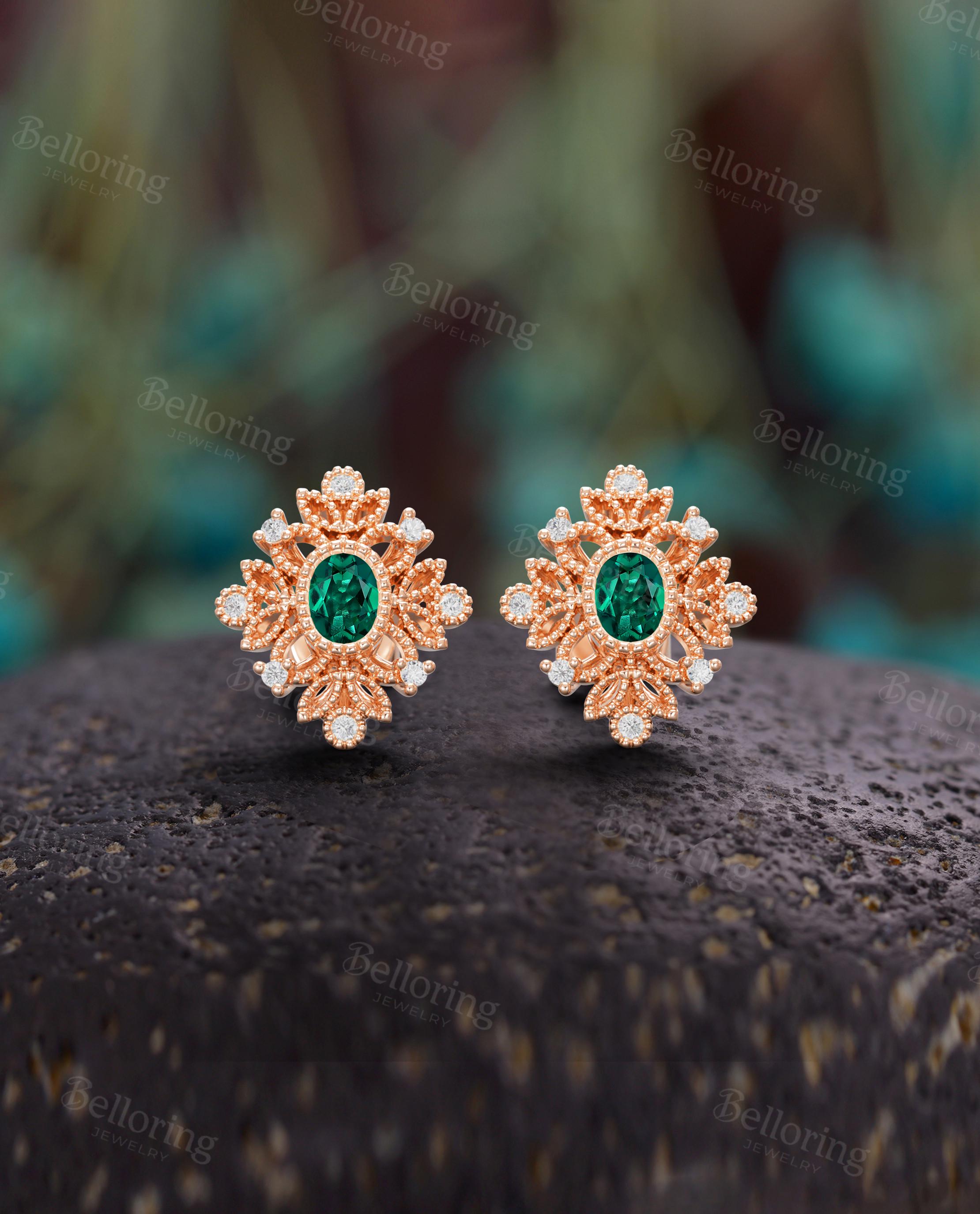 Vintage Emerald Filigree Earring Studs: 14K Rose Gold Moissanite