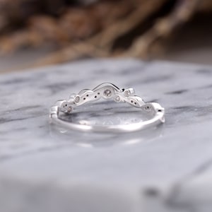 Moissanite/Diamond curved wedding band white gold unique leaf matching band art deco stacking ring birthstone anniversary wedding ring image 4