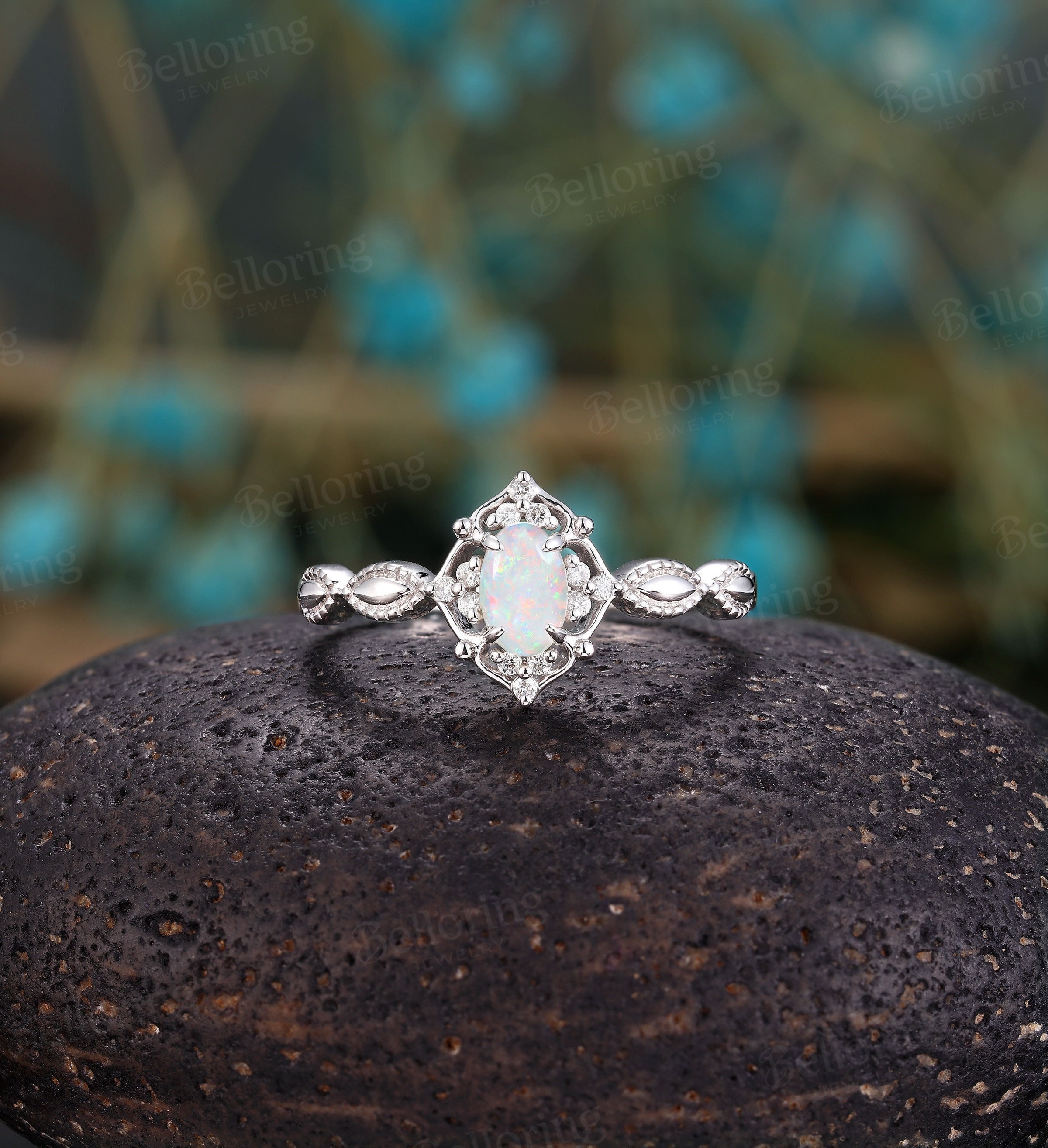 Vintage Oval Opal Engagement Ring Art Deco Diamond Moissanite