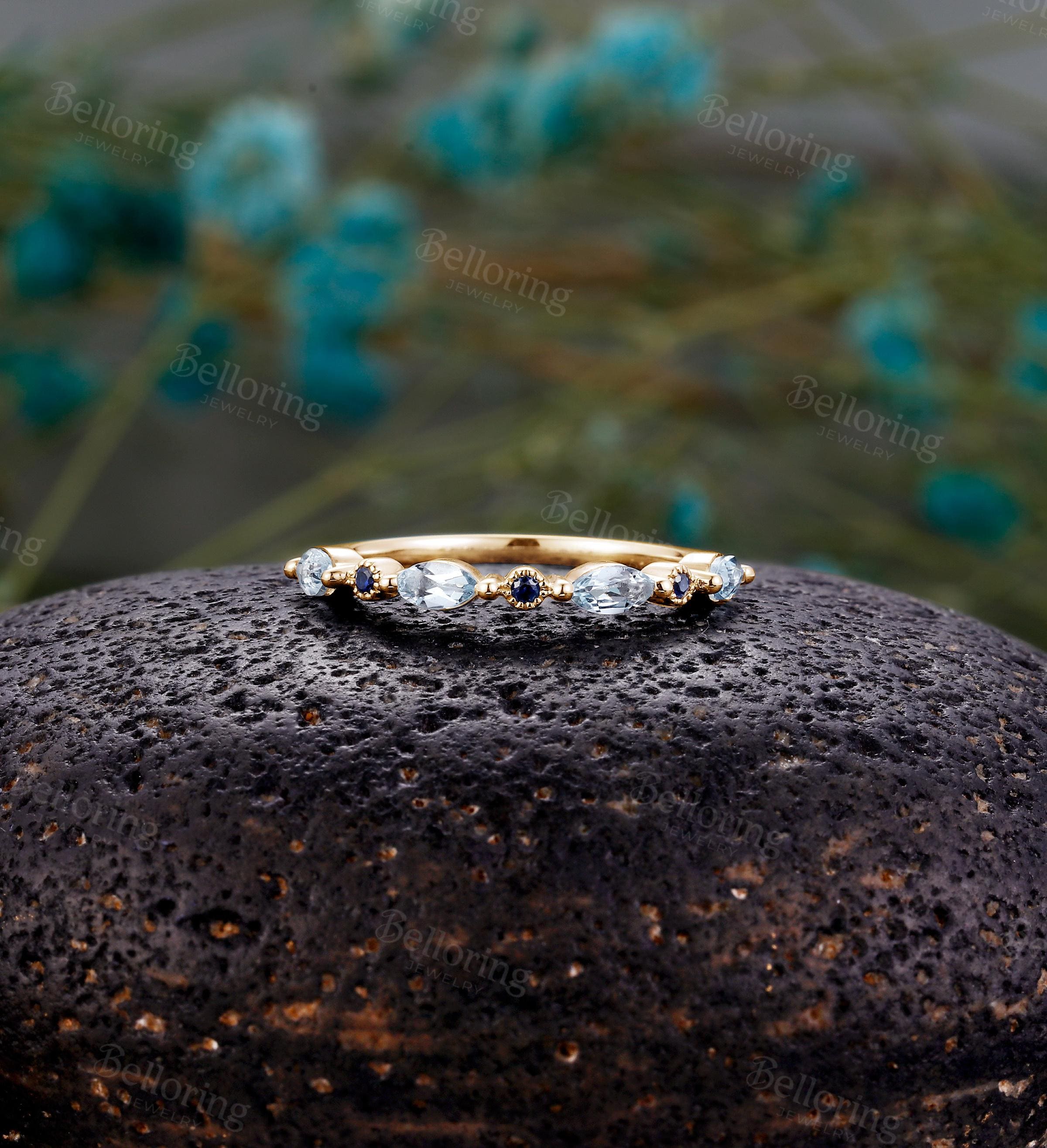 Unique Aquamarine & Sapphire Wedding Band,minimalist White Gold
