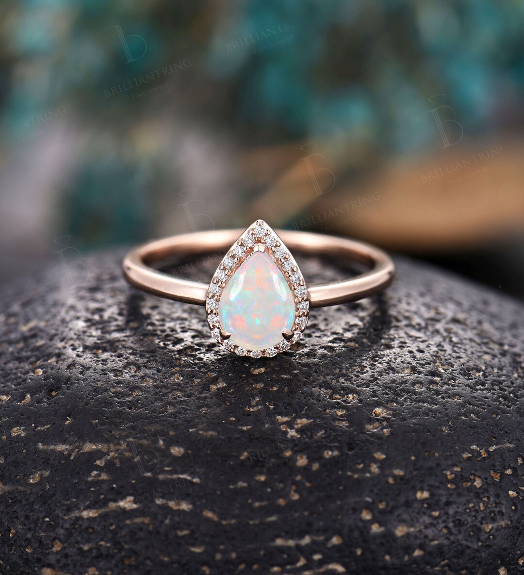 Pear Shaped Opal Engagement Ring Vintage Art Deco Diamond Halo Rings