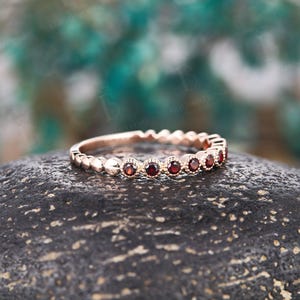 Vintage Garnet Wedding Band: Unique Rose Gold Half Eternity Stackable Promise Ring for Her image 6