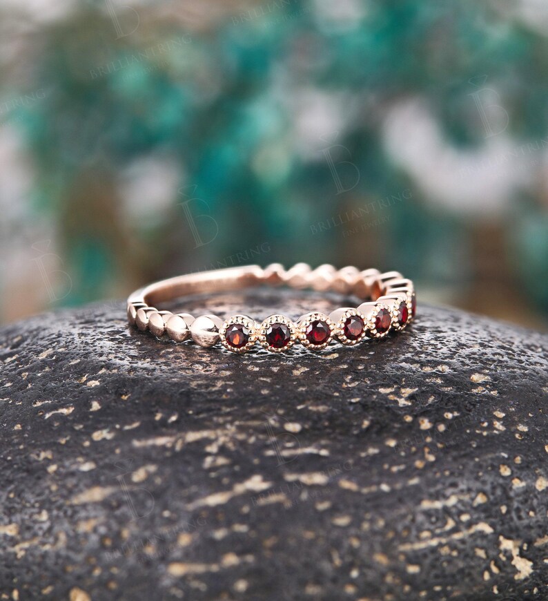 Vintage Garnet Wedding Band: Unique Rose Gold Half Eternity Stackable Promise Ring for Her image 6
