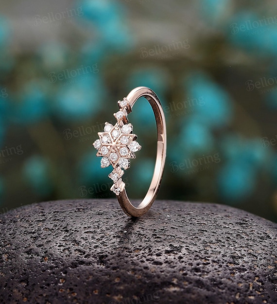 Vintage diamond moissanite engagement ring unique rose gold cluster ring  delicate snowflake bridal ring unique promise anniversary ring
