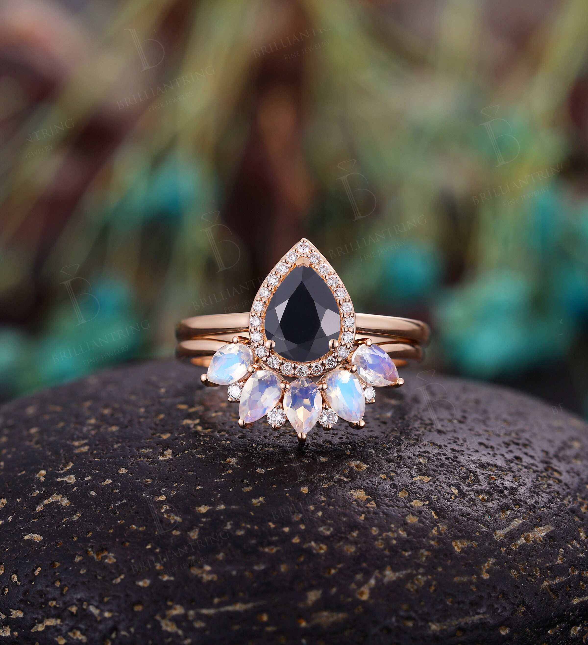 Black Onyx Engagement Ring Vintage Pear Shaped Moissanite Etsy