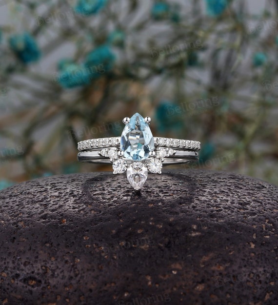 Aquamarine bridal ring set, art nouveau ring / Eloise | Pear cut engagement  rings, Aquamarine engagement ring, Bridal ring set