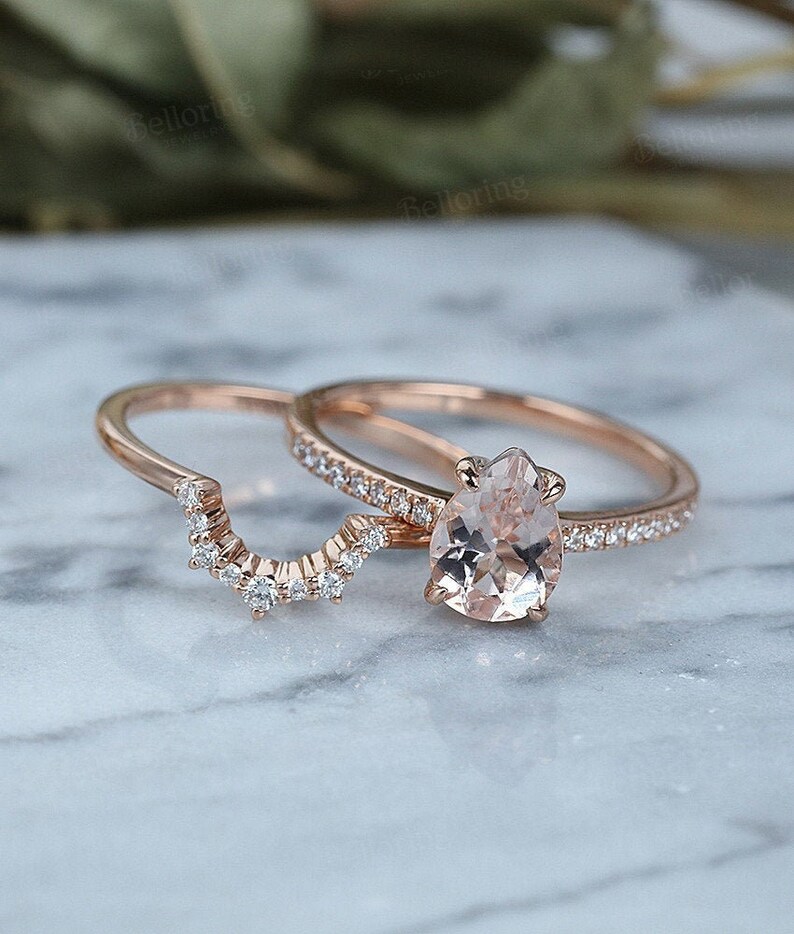 Vintage Morganite engagement ring set art deco moissanite ring set Rose gold half eternity diamond bridal set anniversary promise ring set Morganite