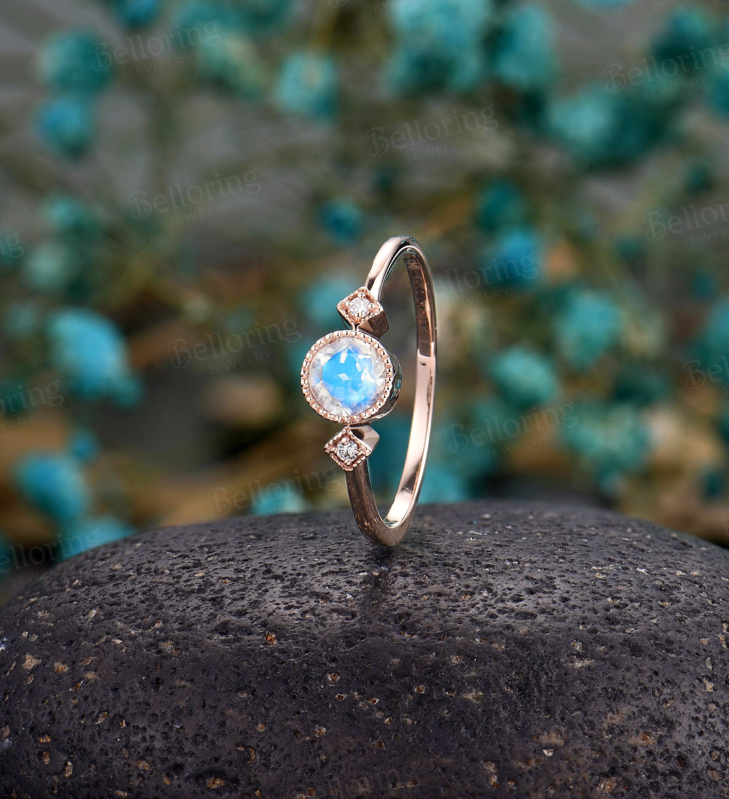 Natural blue moonstone engagement ring white gold diamond wedding band –  Ohjewel