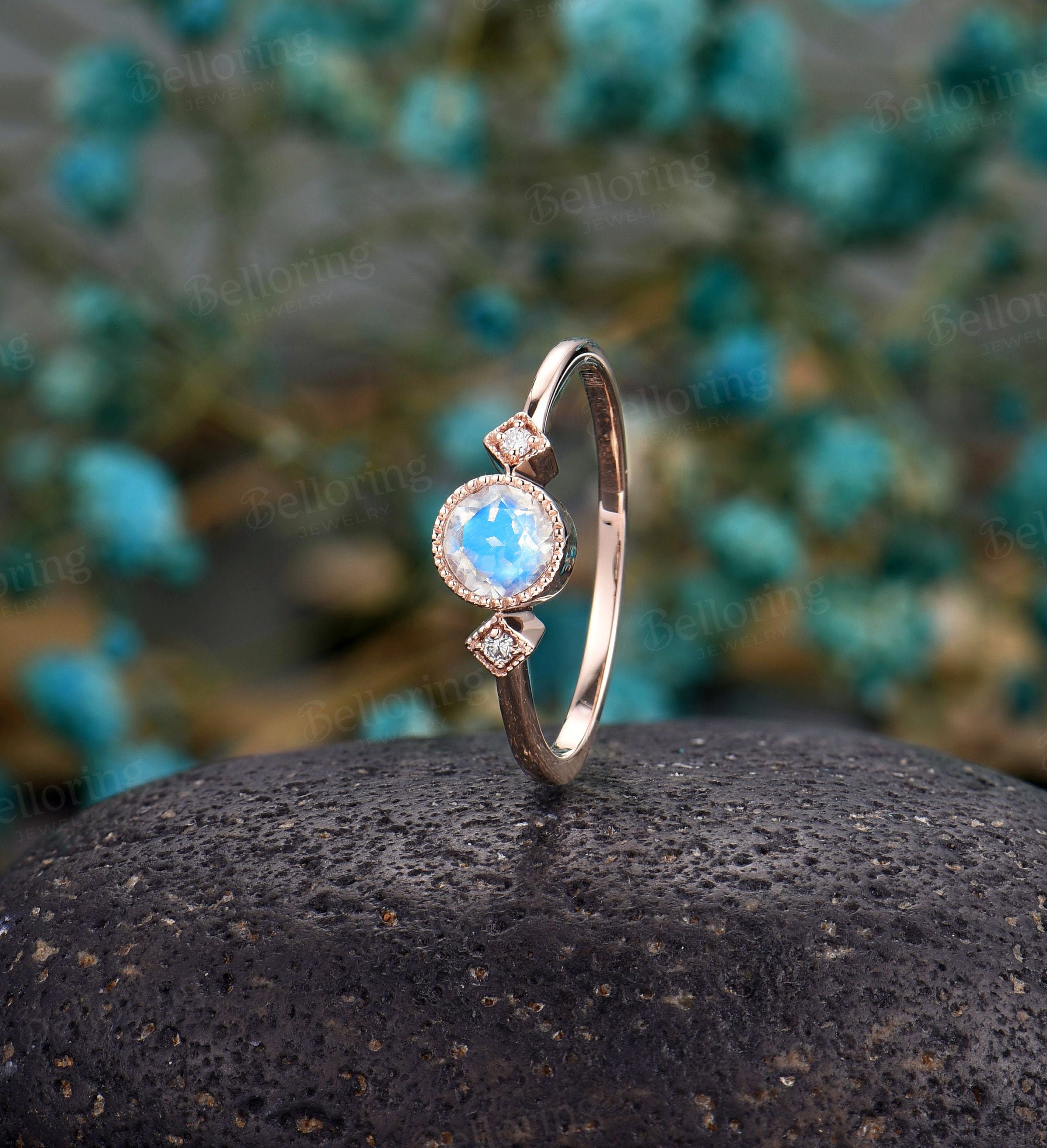 HEXAGON MOONSTONE ENGAGEMENT RING WITH DIAMOND HALO